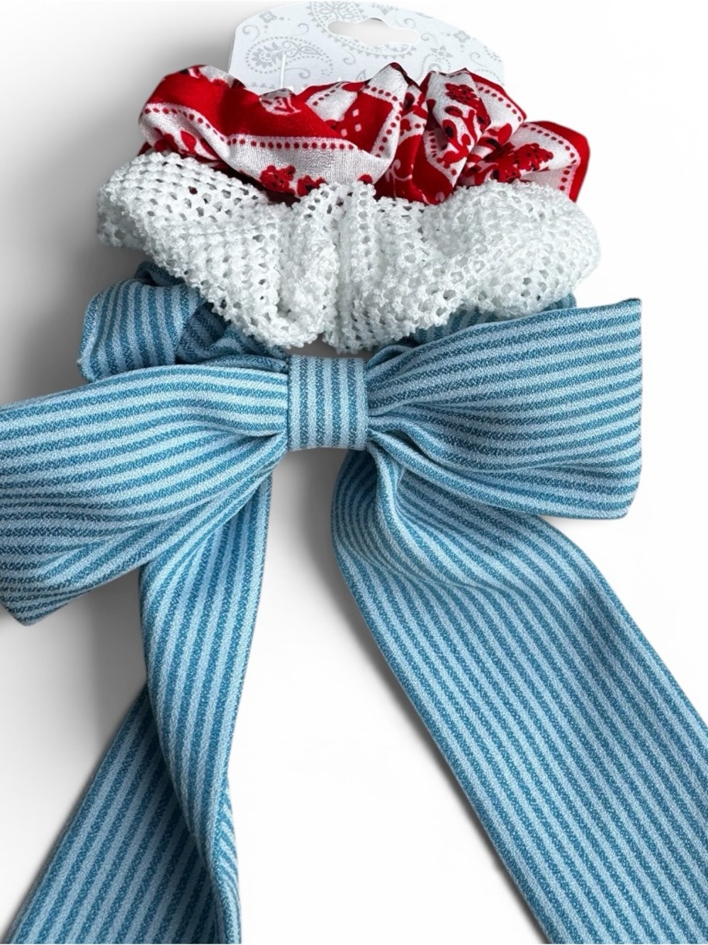 Nicole Miller Blue Striped Bow with White Crochet and Red Patterned Scrunchies